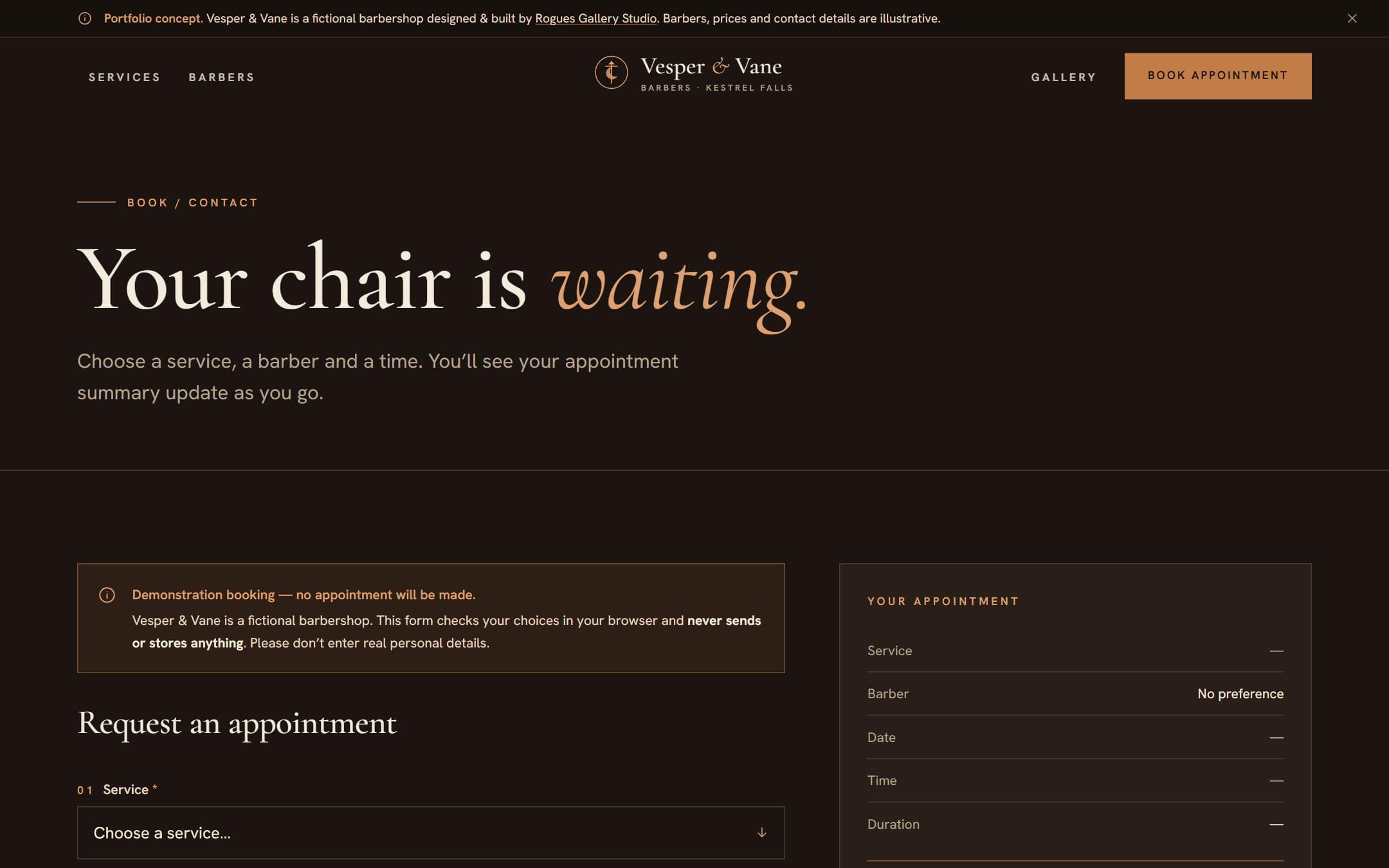 Vesper & Vane booking form in demonstration mode