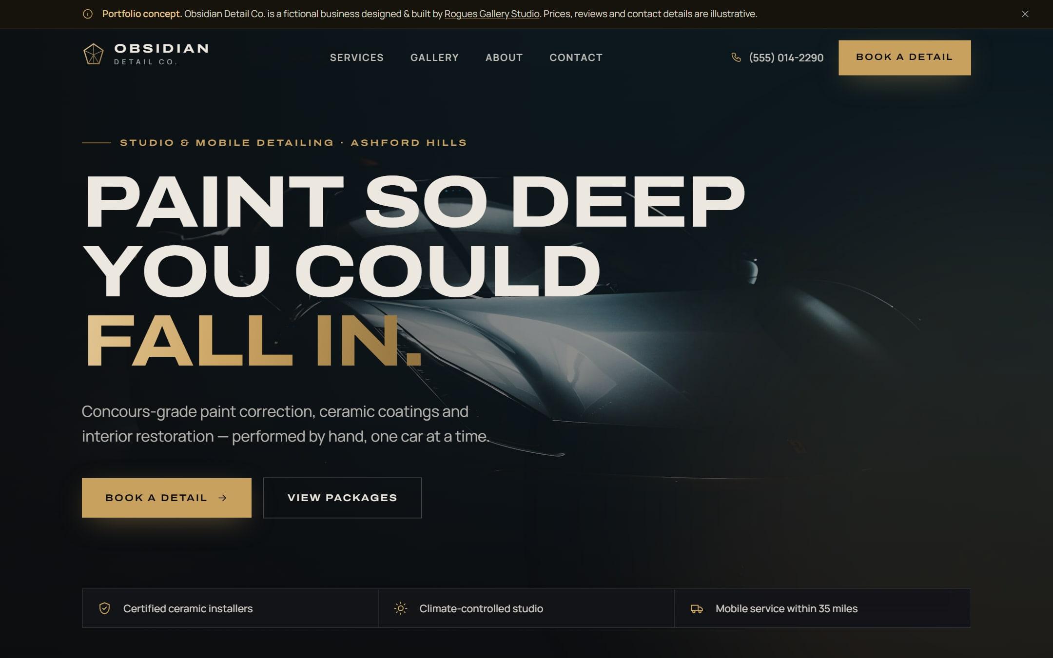 Obsidian Detail Co. homepage hero: “Paint so deep you could fall in.”