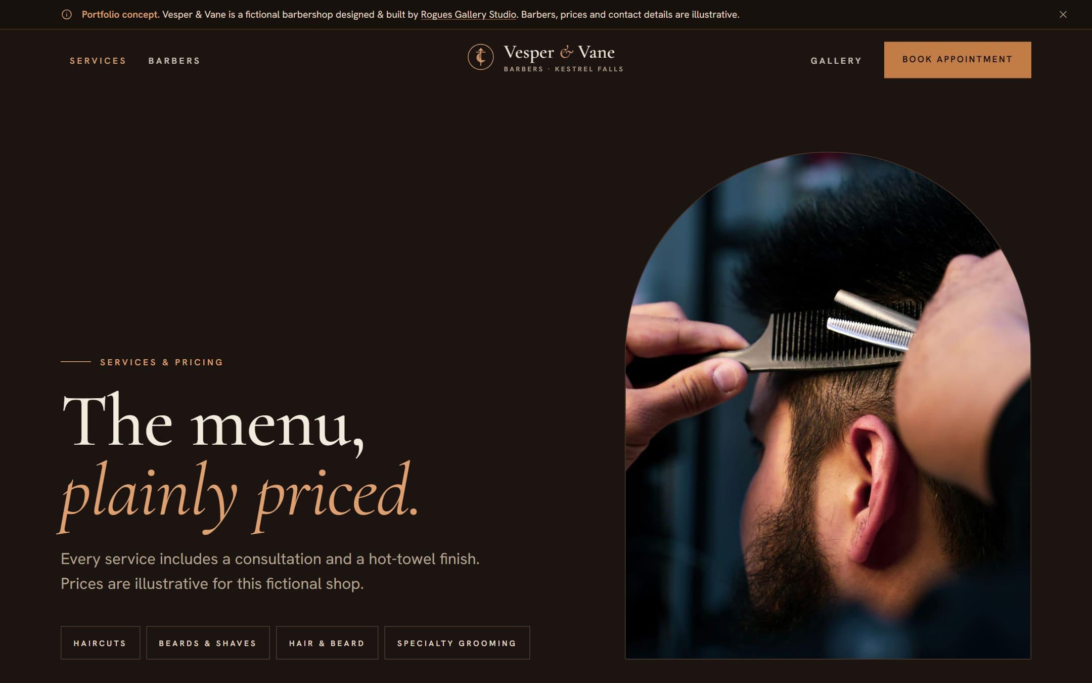 Vesper & Vane services menu board with prices and durations