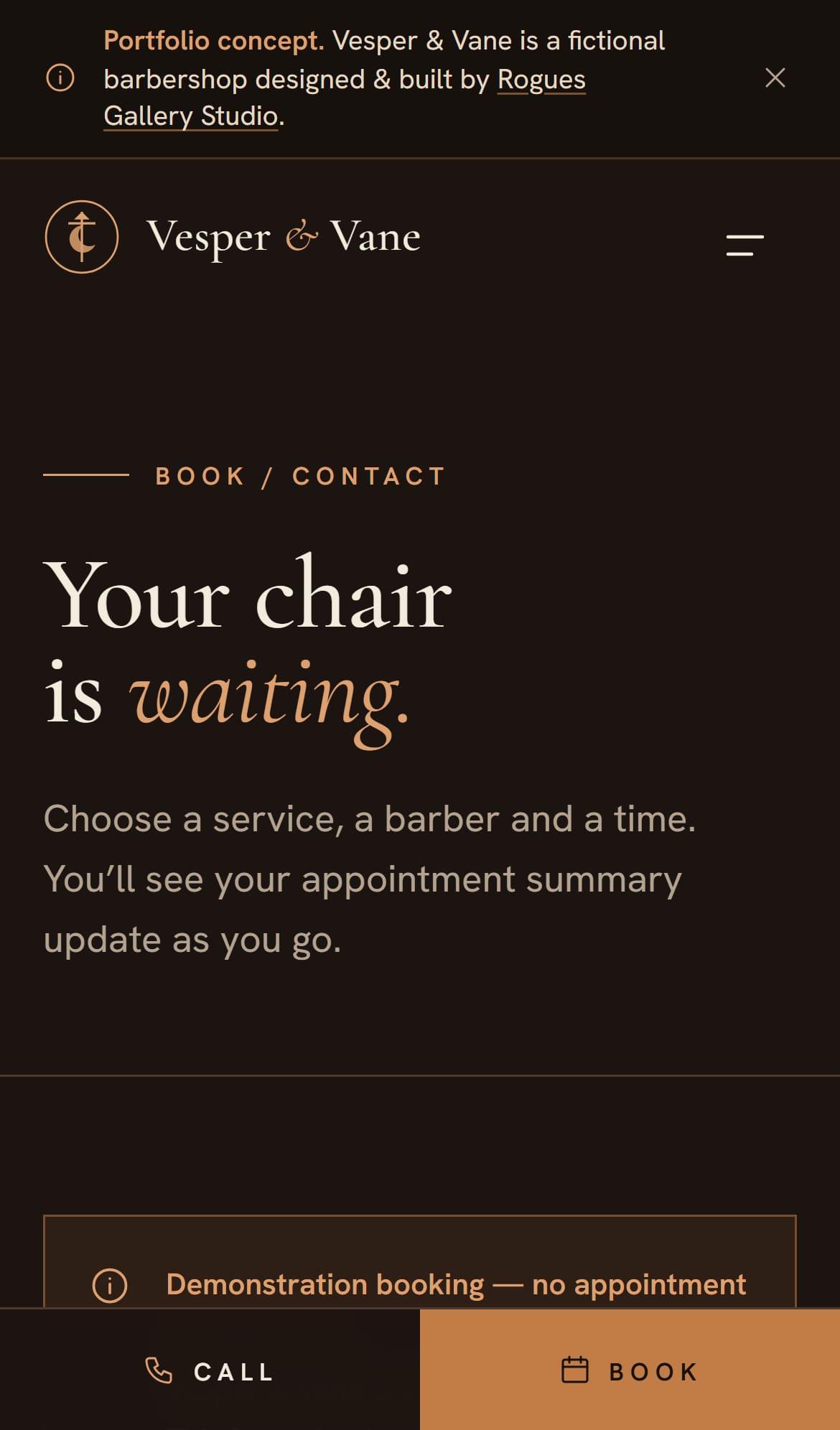 Vesper & Vane mobile booking form