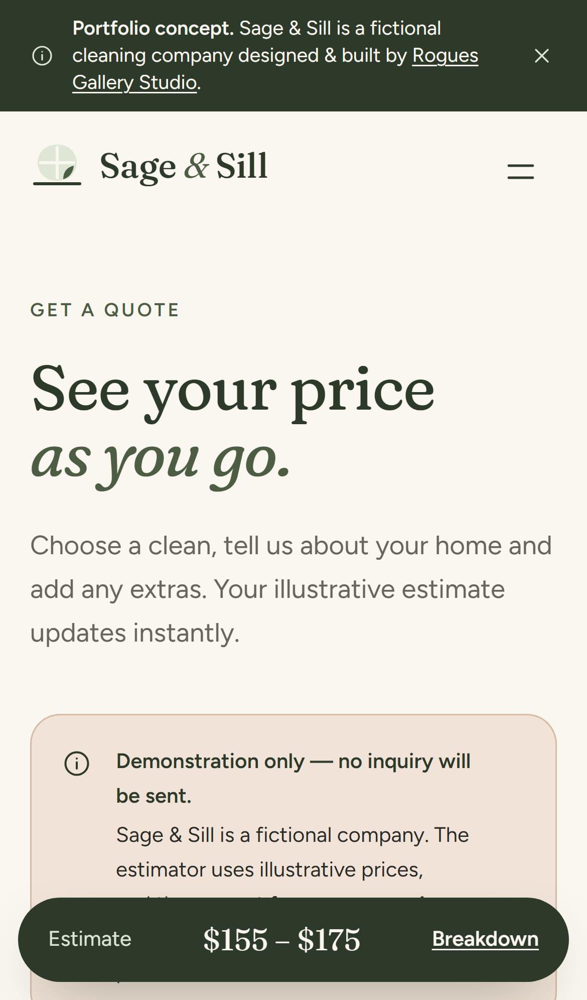 Sage & Sill mobile quote estimator with a floating price
