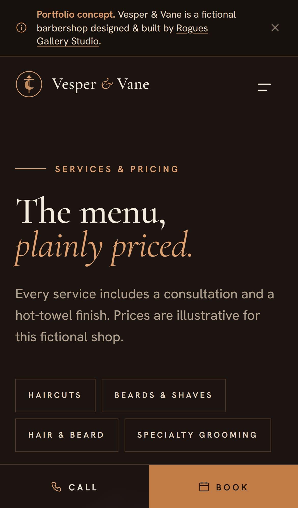 Vesper & Vane mobile service menu